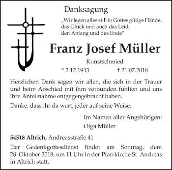 Traueranzeige von Franz Josef Müller von trierischer_volksfreund