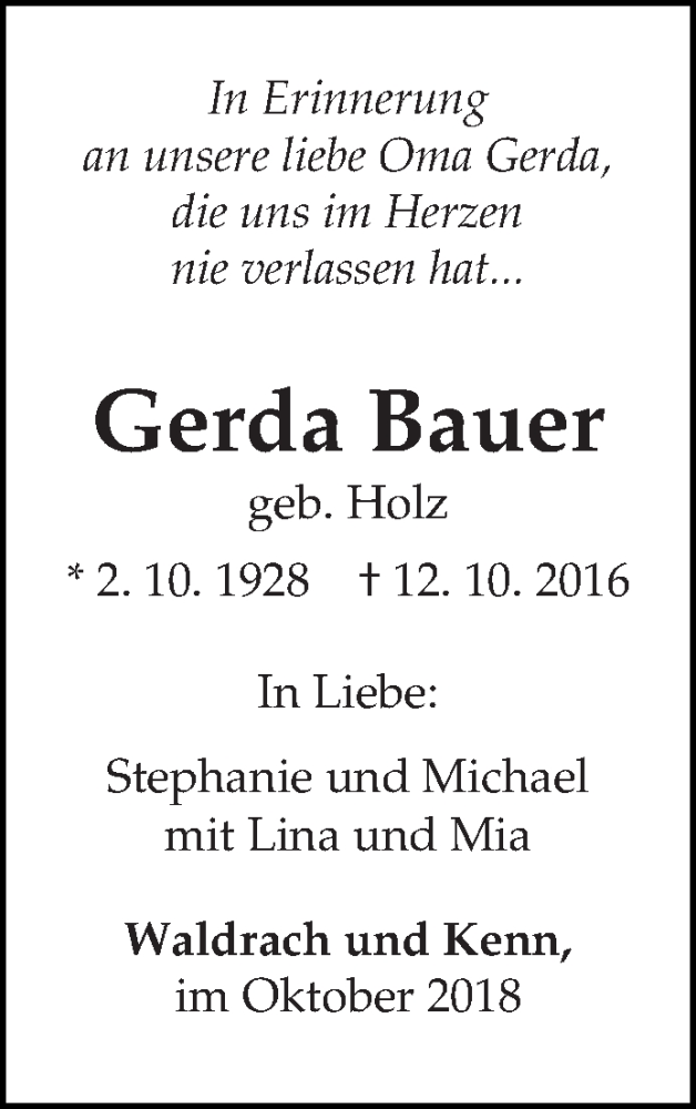  Traueranzeige für Gerda Bauer vom 12.10.2018 aus trierischer_volksfreund