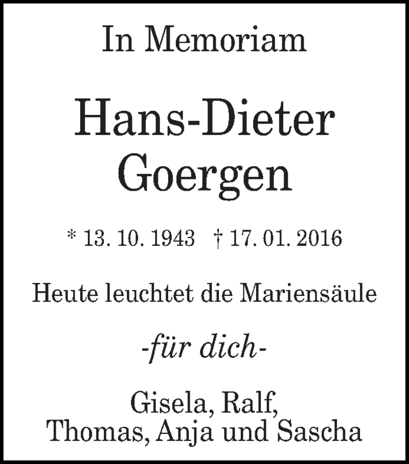  Traueranzeige für Hans-Dieter Goergen vom 13.10.2018 aus trierischer_volksfreund