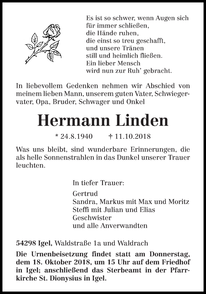 Traueranzeige für Hermann Linden vom 16.10.2018 aus trierischer_volksfreund