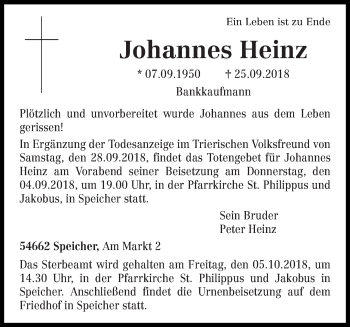 Traueranzeige von Johannes Heinz von trierischer_volksfreund