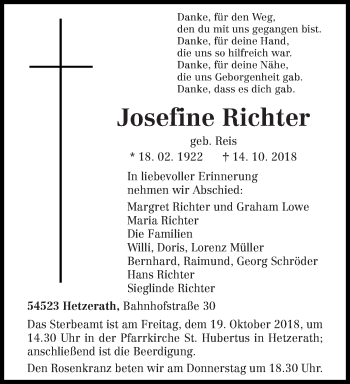 Traueranzeige von Josefine Richter von trierischer_volksfreund