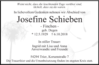 Traueranzeige von Josefine Schieben von trierischer_volksfreund