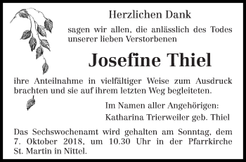 Traueranzeige von Josefine Thiel von trierischer_volksfreund