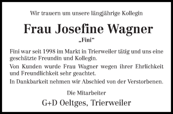 Traueranzeige von Josefine Wagner von trierischer_volksfreund