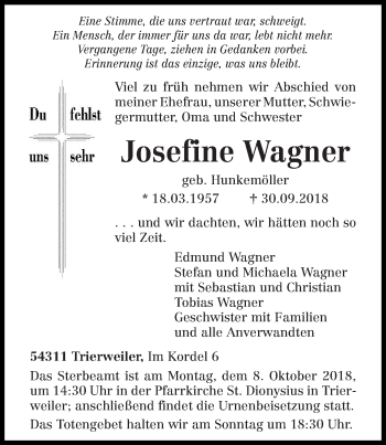 Traueranzeige von Josefine Wagner von trierischer_volksfreund