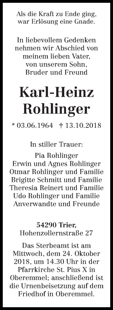  Traueranzeige für Karl-Heinz Rohlinger vom 19.10.2018 aus trierischer_volksfreund