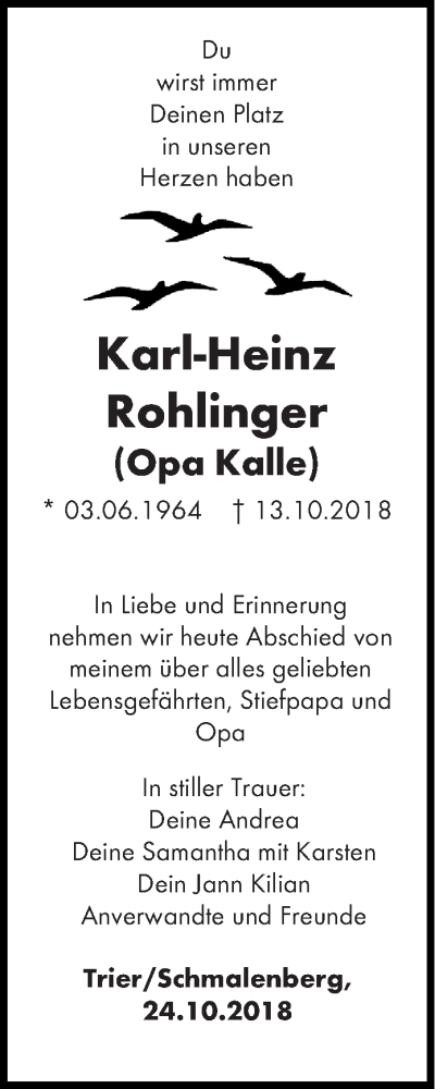  Traueranzeige für Karl-Heinz Rohlinger vom 24.10.2018 aus trierischer_volksfreund