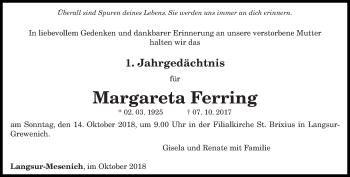 Traueranzeige von Margareta Ferring von trierischer_volksfreund