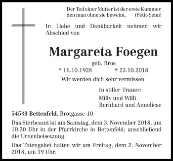Traueranzeige von Margareta Foegen von trierischer_volksfreund