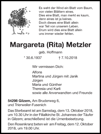 Traueranzeige von Margareta Metzler von trierischer_volksfreund
