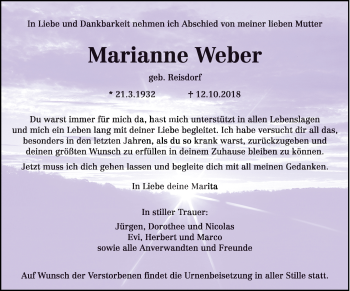 Traueranzeige von Marianne Weber von trierischer_volksfreund