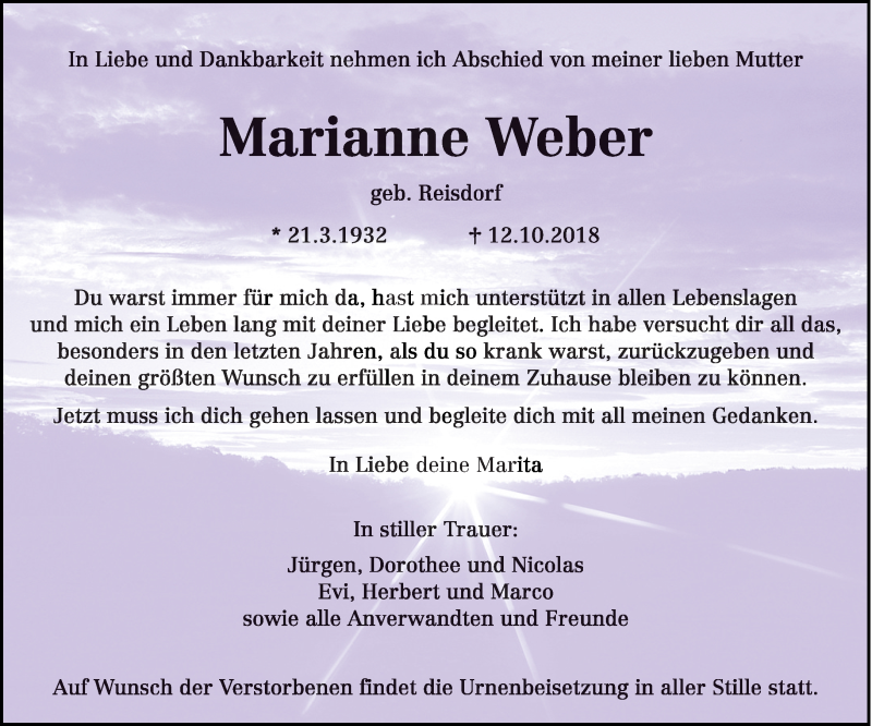  Traueranzeige für Marianne Weber vom 20.10.2018 aus trierischer_volksfreund