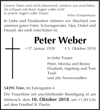 Traueranzeige von Peter Weber von trierischer_volksfreund