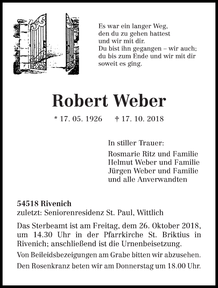  Traueranzeige für Robert Weber vom 20.10.2018 aus trierischer_volksfreund