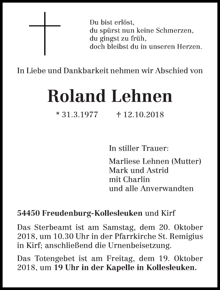  Traueranzeige für Roland Lehnen vom 16.10.2018 aus trierischer_volksfreund
