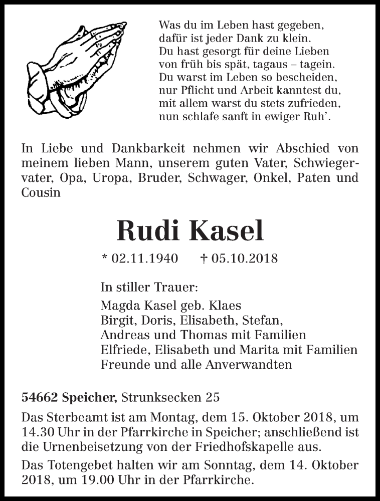  Traueranzeige für Rudi Kasel vom 10.10.2018 aus trierischer_volksfreund
