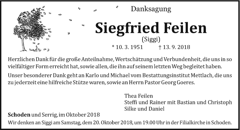  Traueranzeige für Siegfried Feilen vom 17.10.2018 aus trierischer_volksfreund