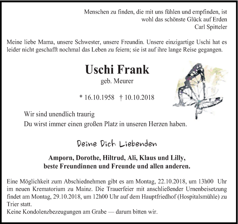  Traueranzeige für Uschi Frank vom 20.10.2018 aus trierischer_volksfreund