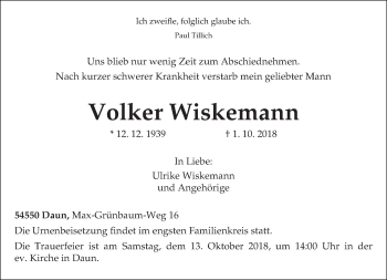 Traueranzeige von Volker Wiskemann von trierischer_volksfreund