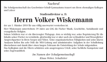 Traueranzeige von Volker Wiskemann von trierischer_volksfreund