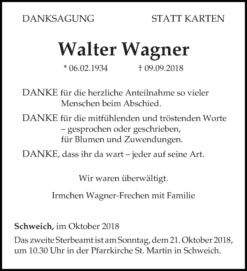  Traueranzeige für Walter Wagner vom 17.10.2018 aus trierischer_volksfreund