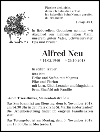 Traueranzeige von Alfred Neu von trierischer_volksfreund