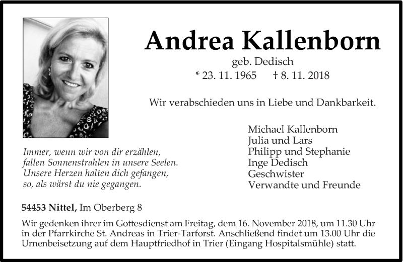  Traueranzeige für Andrea Kallenborn vom 13.11.2018 aus trierischer_volksfreund