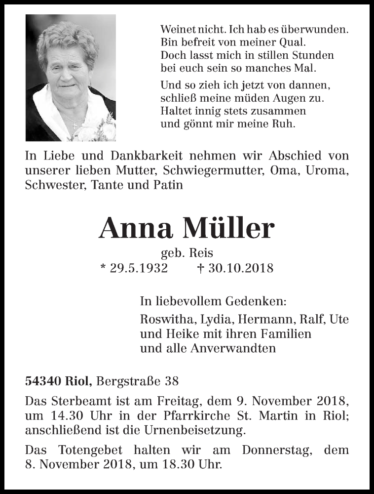  Traueranzeige für Anna Müller vom 05.11.2018 aus trierischer_volksfreund