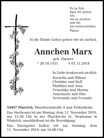 Traueranzeige von Annchen Marx von trierischer_volksfreund