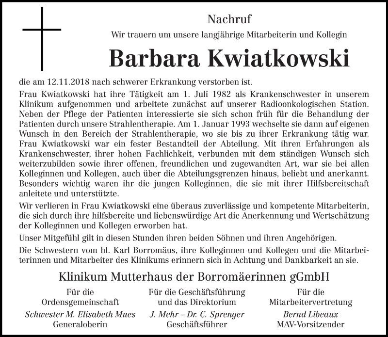  Traueranzeige für Barbara Kwiatkowski vom 20.11.2018 aus trierischer_volksfreund