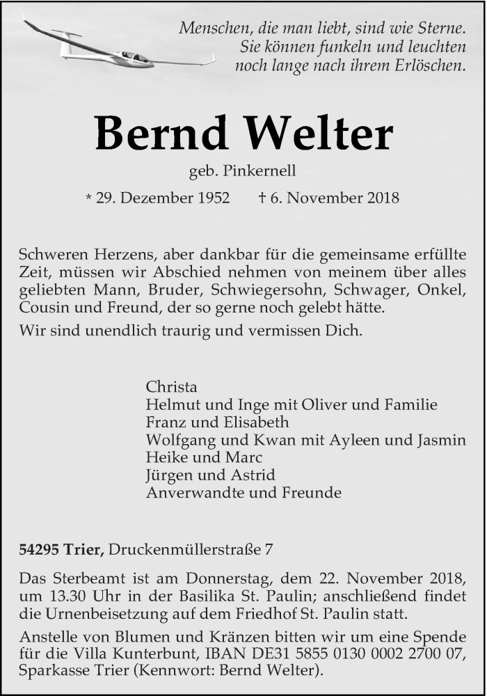  Traueranzeige für Bernd Welter vom 17.11.2018 aus trierischer_volksfreund