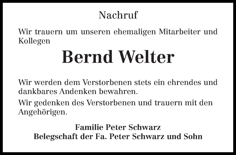  Traueranzeige für Bernd Welter vom 17.11.2018 aus trierischer_volksfreund