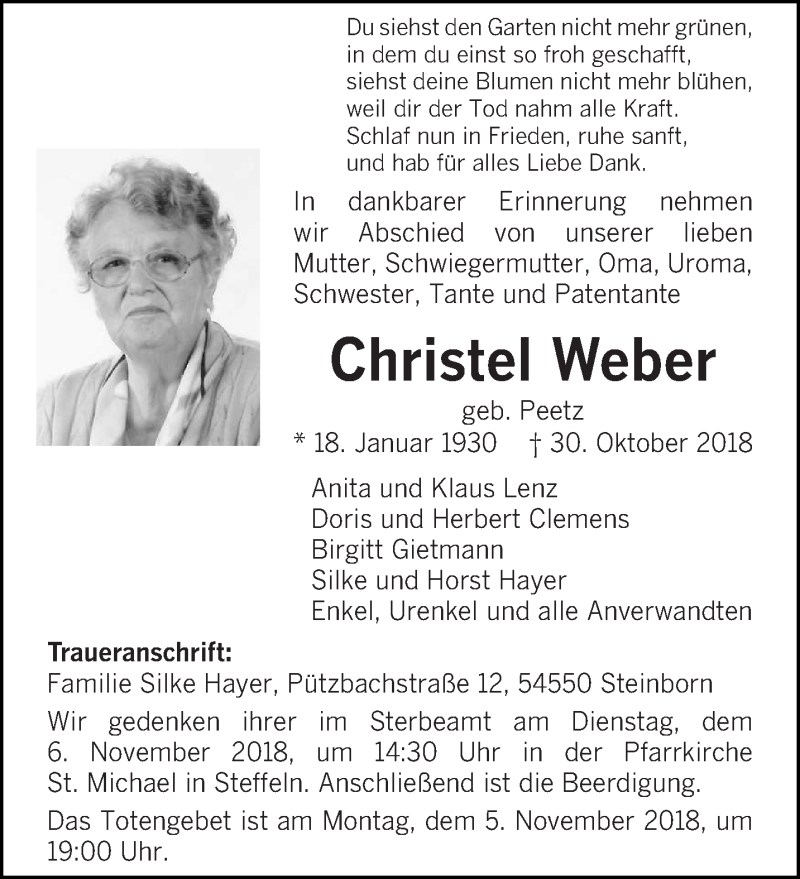  Traueranzeige für Christel Weber vom 02.11.2018 aus trierischer_volksfreund