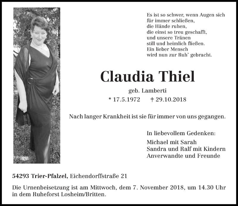  Traueranzeige für Claudia Thiel vom 03.11.2018 aus trierischer_volksfreund