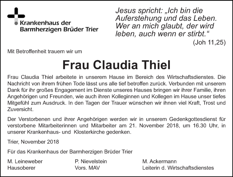  Traueranzeige für Claudia Thiel vom 09.11.2018 aus trierischer_volksfreund