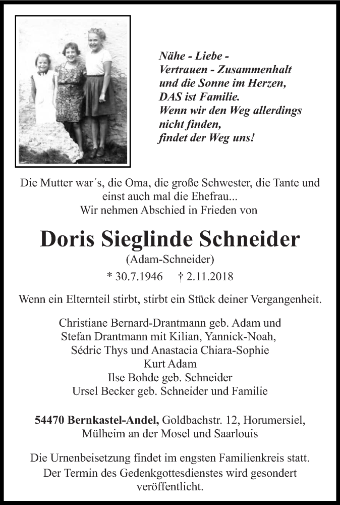  Traueranzeige für Doris Sieglinde Schneider vom 06.11.2018 aus trierischer_volksfreund