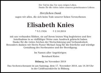 Traueranzeige von Elisabeth Knies von trierischer_volksfreund
