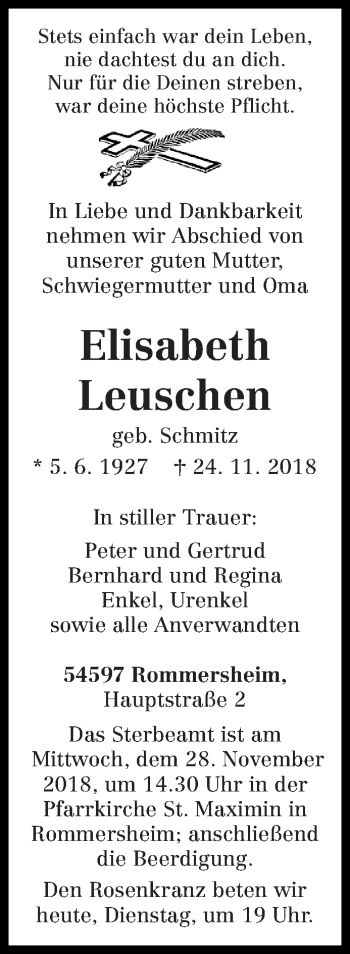 Traueranzeige von Elisabeth Leuschen von trierischer_volksfreund