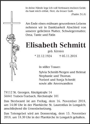 Traueranzeige von Elisabeth Schmitt von trierischer_volksfreund