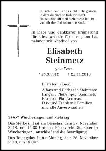 Traueranzeige von Elisabeth Steinmetz von trierischer_volksfreund