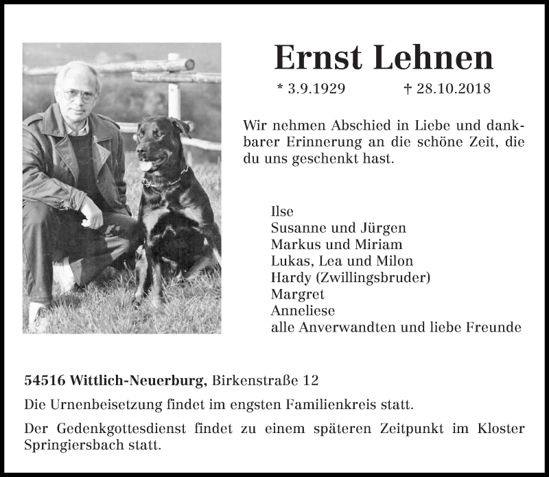  Traueranzeige für Ernst Lehnen vom 03.11.2018 aus trierischer_volksfreund