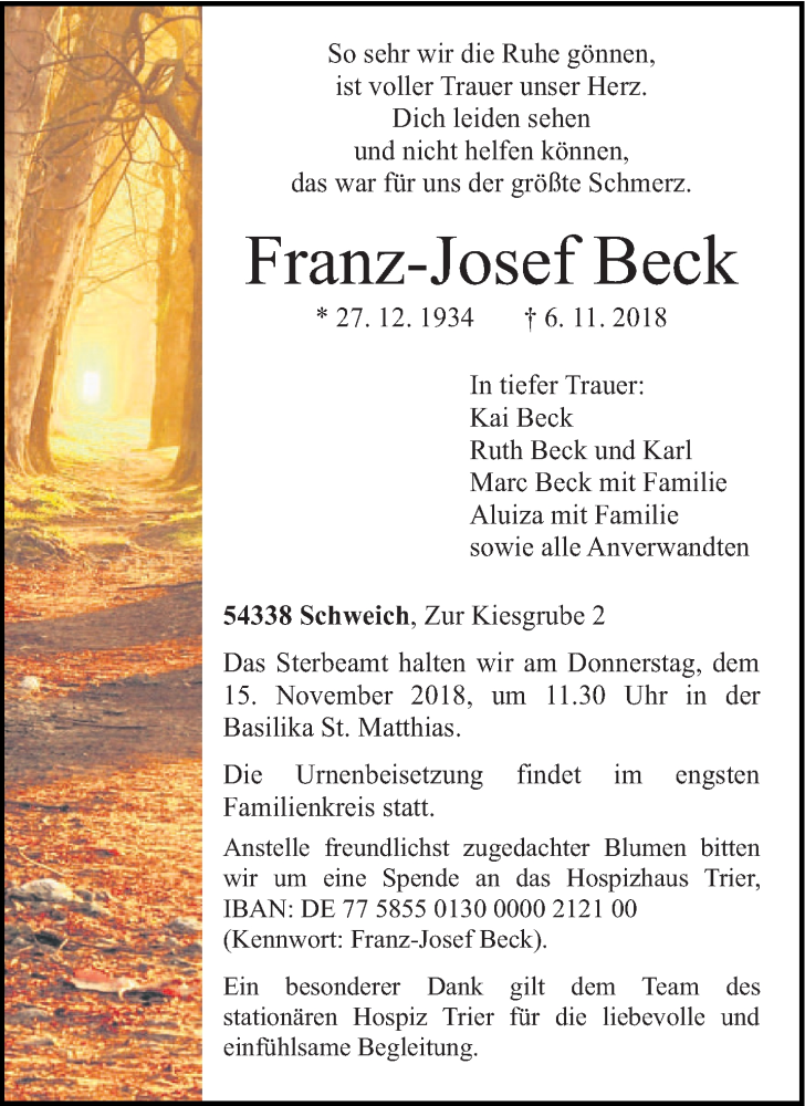  Traueranzeige für Franz-Josef Beck vom 10.11.2018 aus trierischer_volksfreund