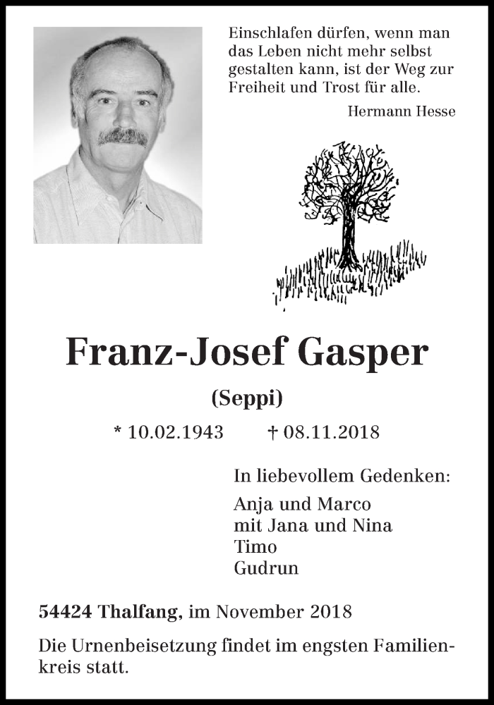  Traueranzeige für Franz-Josef Gasper vom 12.11.2018 aus trierischer_volksfreund