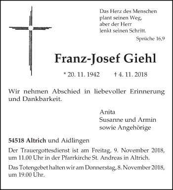 Traueranzeige von Franz-Josef Giehl von trierischer_volksfreund