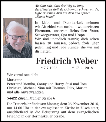 Traueranzeige von Friedrich Weber von trierischer_volksfreund