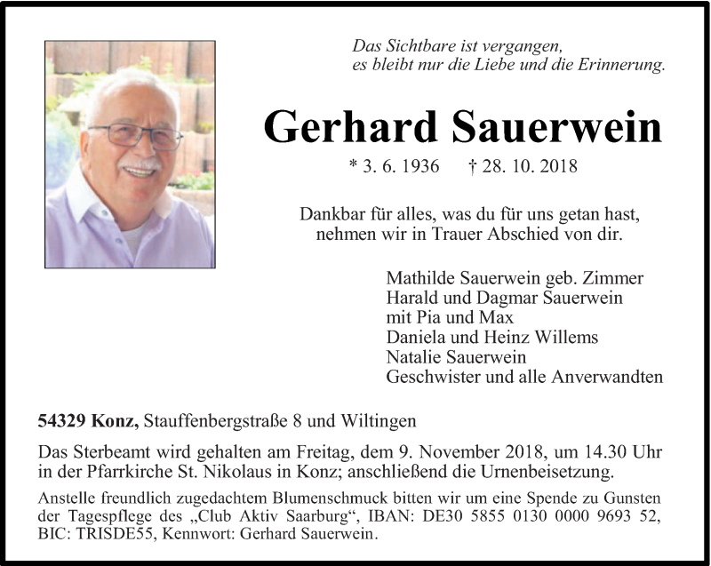  Traueranzeige für Gerhard Sauerwein vom 03.11.2018 aus trierischer_volksfreund