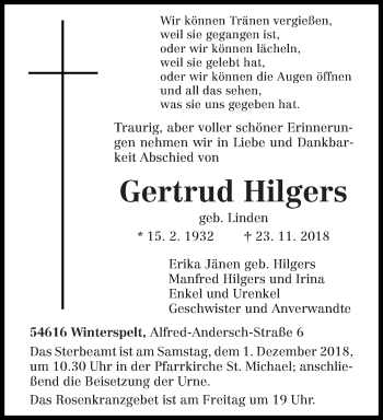 Traueranzeige von Gertrud Hilgers von trierischer_volksfreund