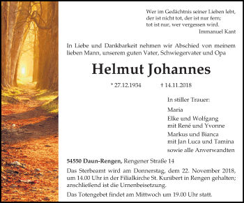 Traueranzeige von Helmut Johannes von trierischer_volksfreund