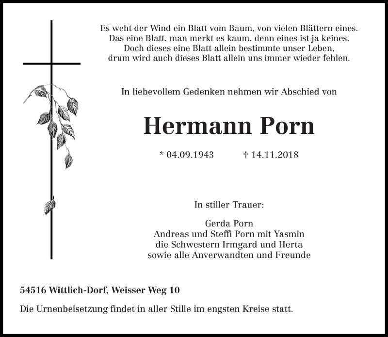 Traueranzeigen von Hermann Porn Volksfreund Trauer de 